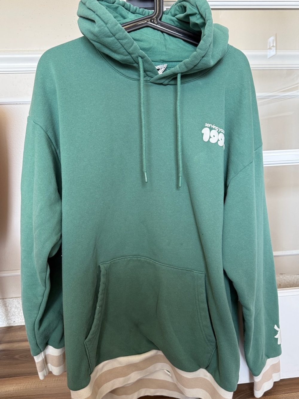 Dutch Bros Forest Green Hoodie with Cream Stripe Hem